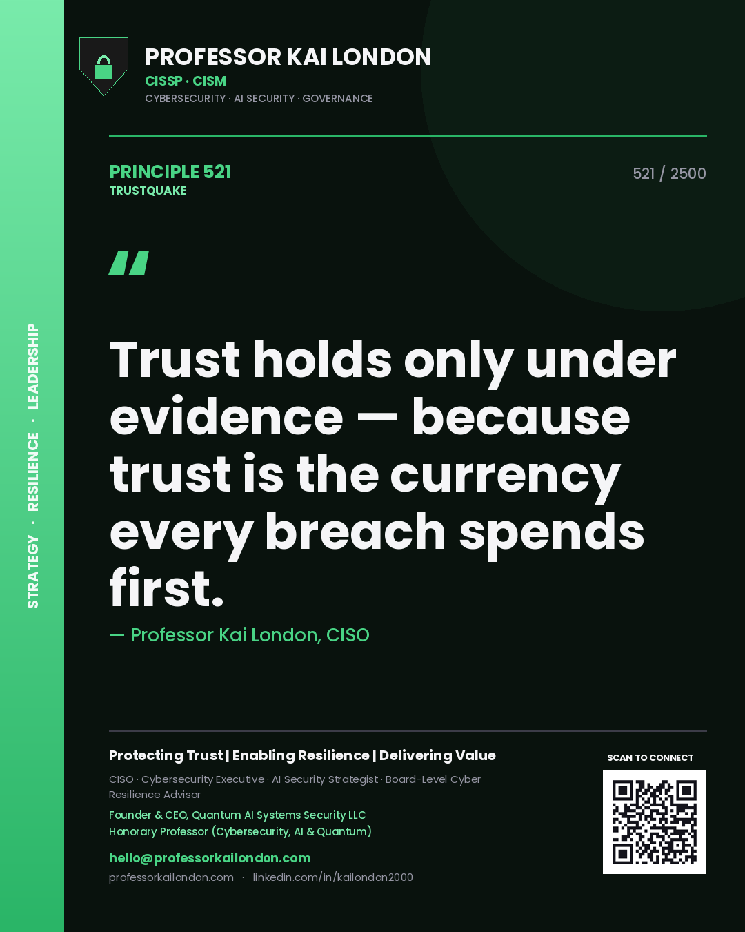 Professor Kai London principle 521: Trust holds only under evidence — because trust is the currency every breach spends first.