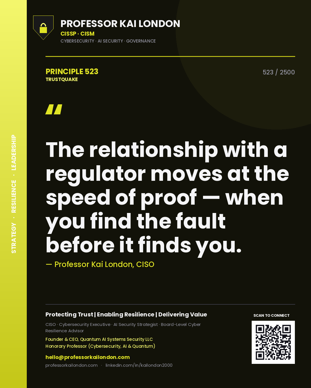 Professor Kai London principle 523: The relationship with a regulator moves at the speed of proof — when you find the fault before it finds you.