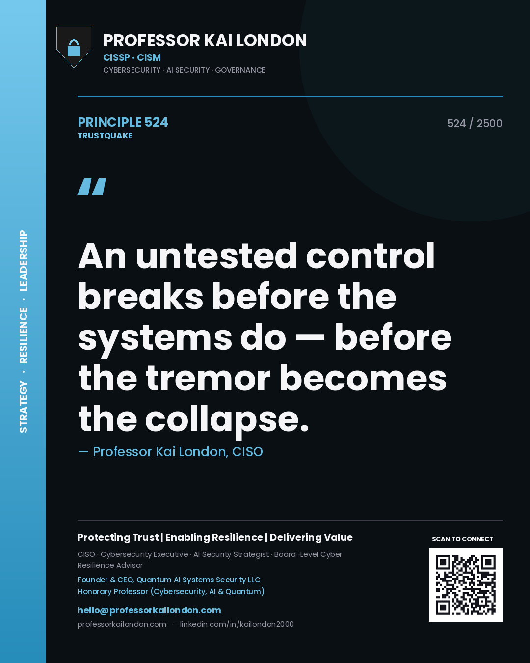 Professor Kai London principle 524: An untested control breaks before the systems do — before the tremor becomes the collapse.