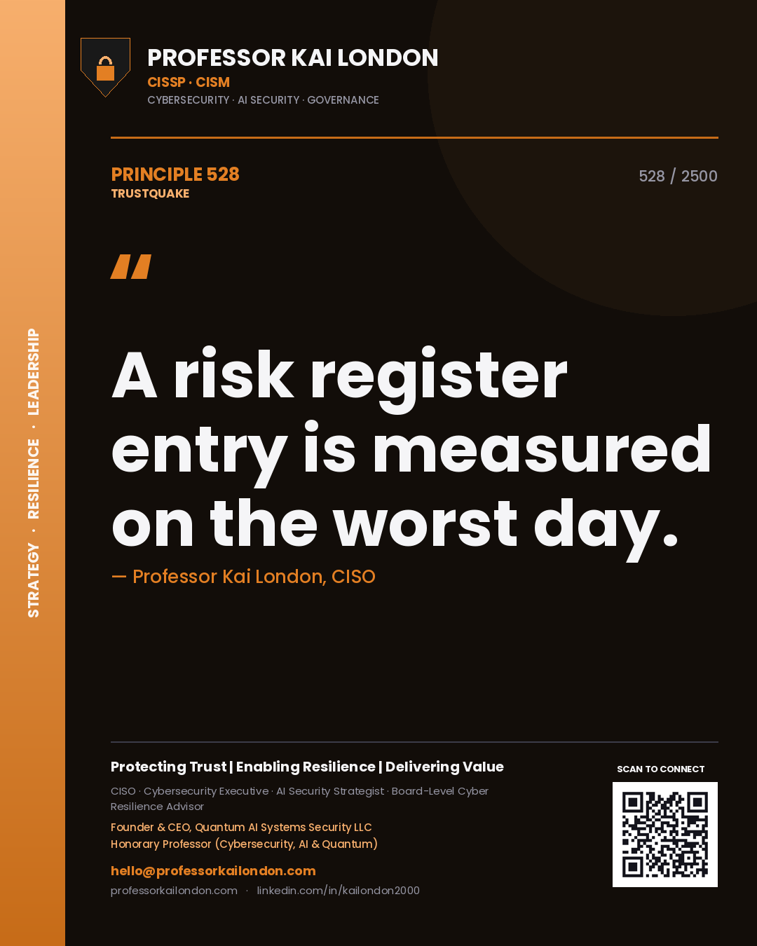 Professor Kai London principle 528: A risk register entry is measured on the worst day.