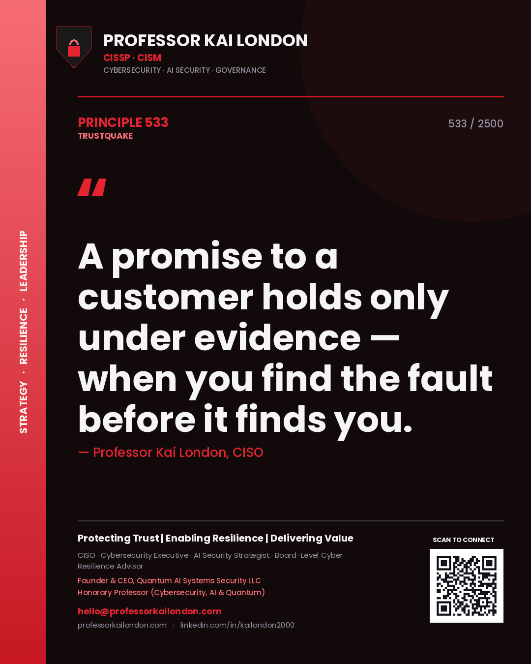 Professor Kai London principle 533: A promise to a customer holds only under evidence — when you find the fault before it finds you.