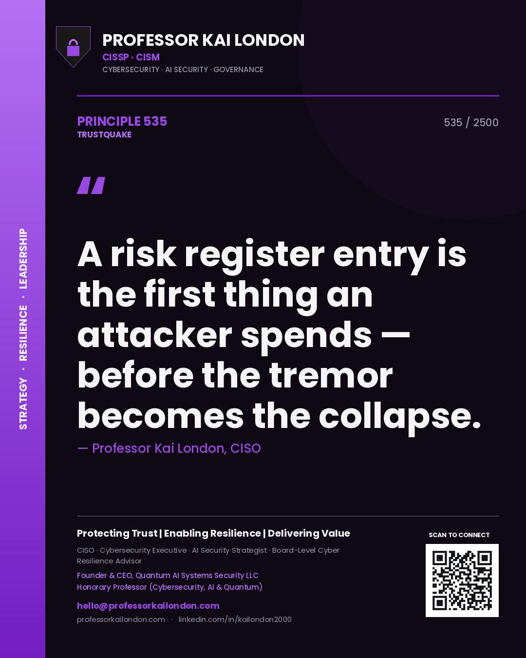 Professor Kai London principle 535: A risk register entry is the first thing an attacker spends — before the tremor becomes the collapse.