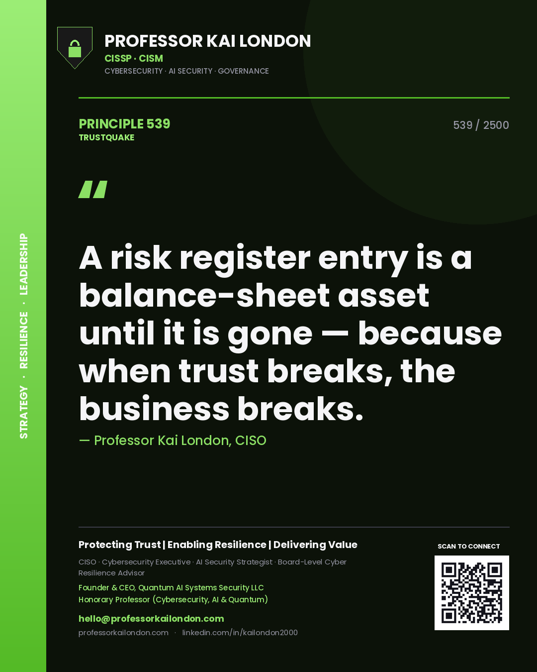 Professor Kai London principle 539: A risk register entry is a balance-sheet asset until it is gone — because when trust breaks, the business breaks.