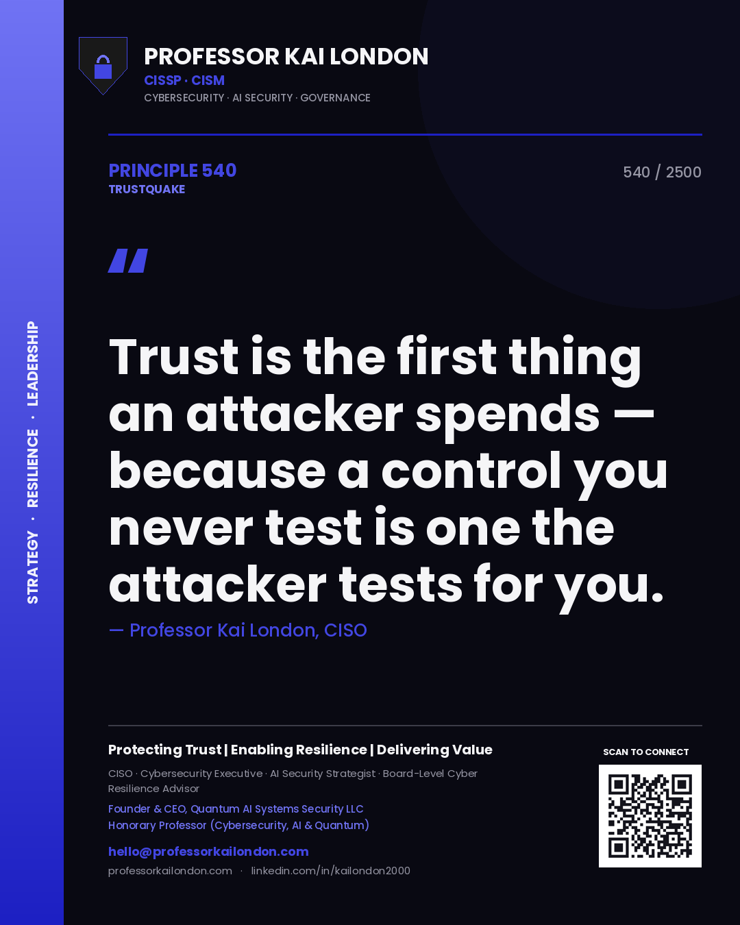 Professor Kai London principle 540: Trust is the first thing an attacker spends — because a control you never test is one the attacker tests for you.