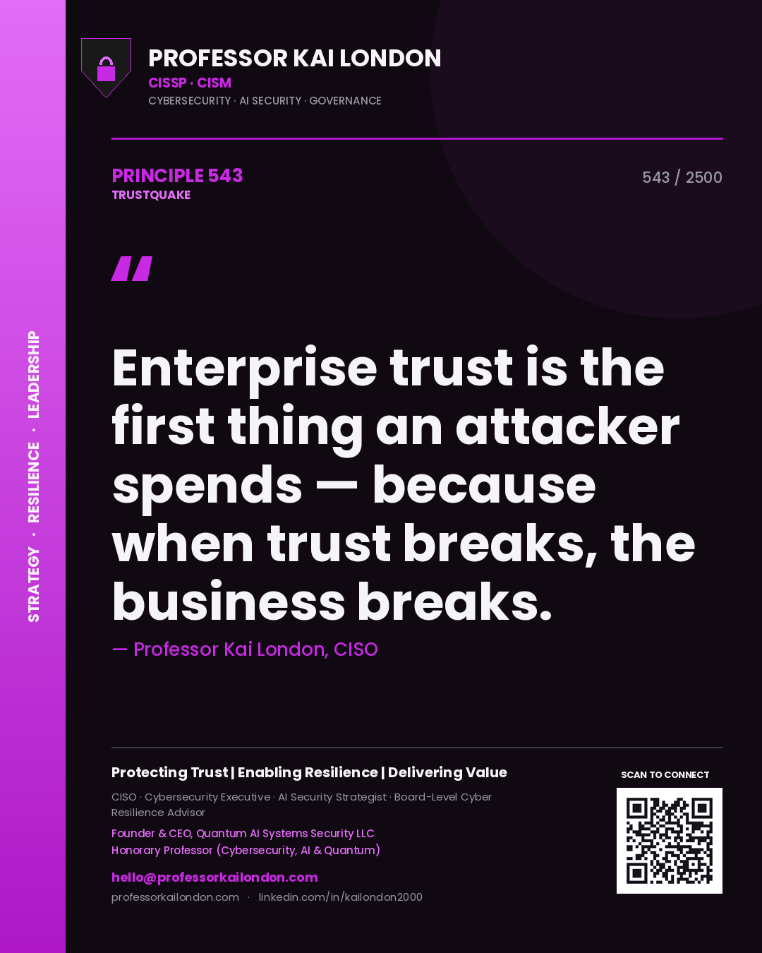 Professor Kai London principle 543: Enterprise trust is the first thing an attacker spends — because when trust breaks, the business breaks.