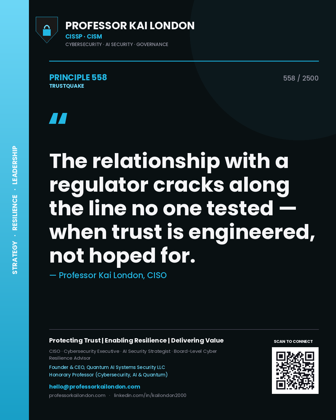 Professor Kai London principle 558: The relationship with a regulator cracks along the line no one tested — when trust is engineered, not hoped for.