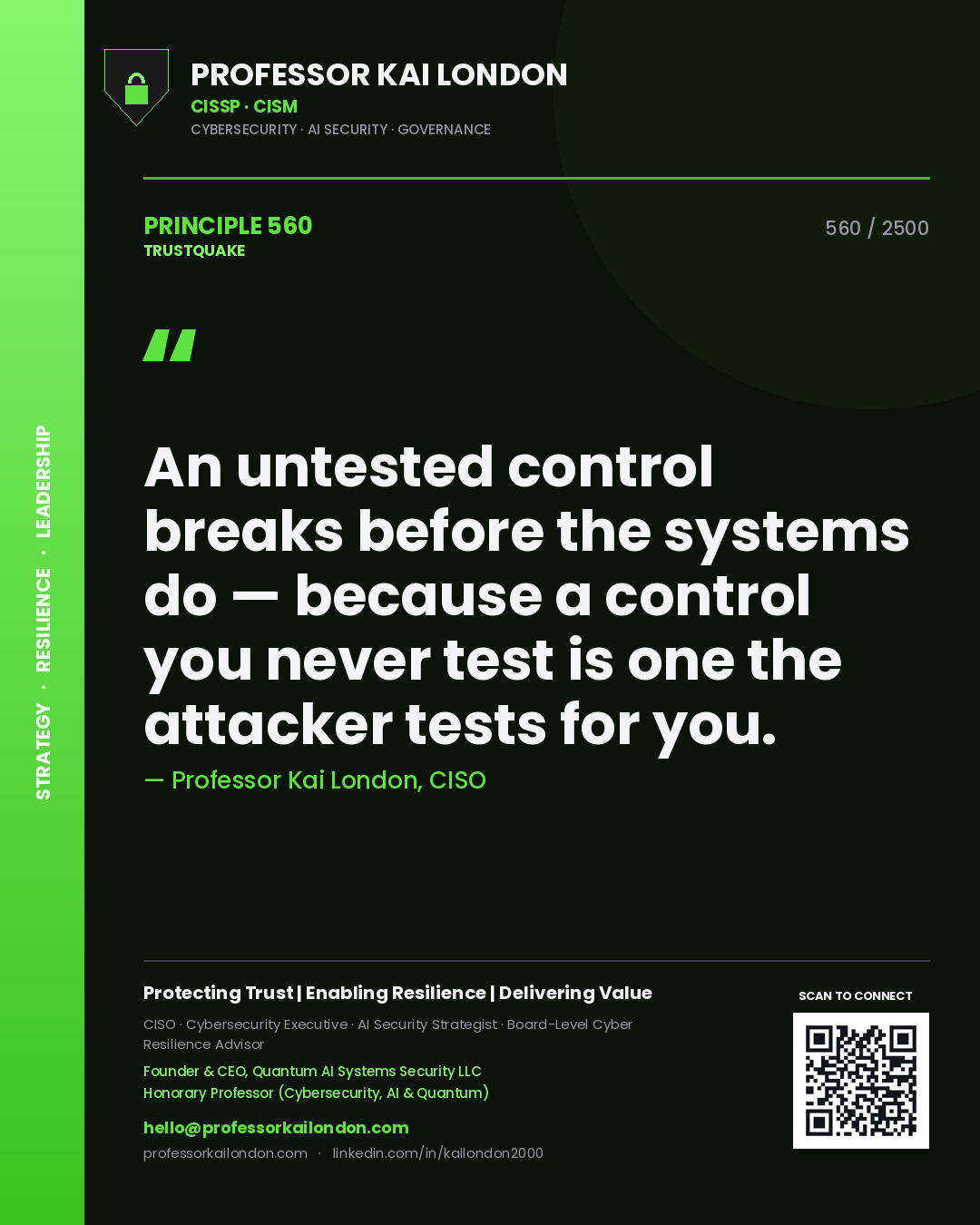 Professor Kai London principle 560: An untested control breaks before the systems do — because a control you never test is one the attacker tests for you.