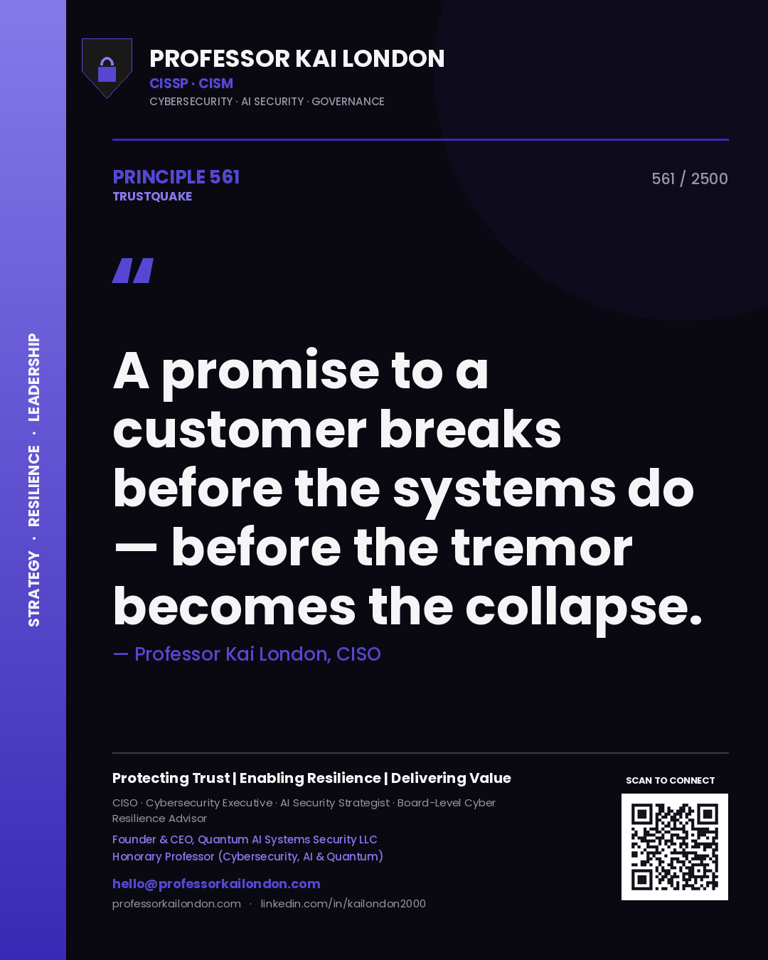 Professor Kai London principle 561: A promise to a customer breaks before the systems do — before the tremor becomes the collapse.