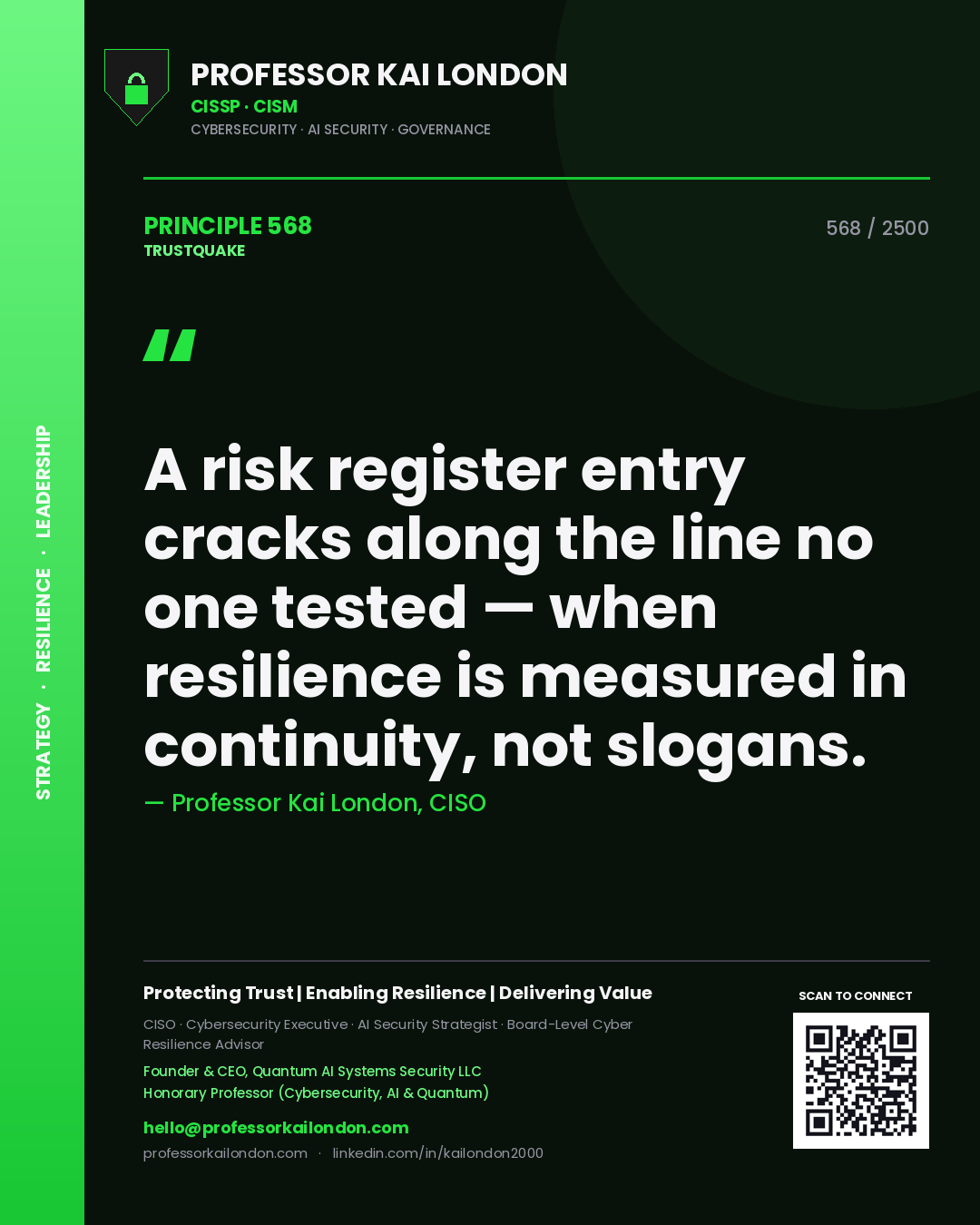Professor Kai London principle 568: A risk register entry cracks along the line no one tested — when resilience is measured in continuity, not slogans.