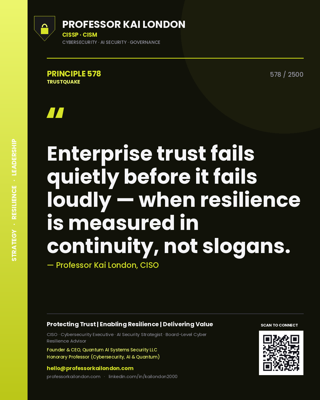 Professor Kai London principle 578: Enterprise trust fails quietly before it fails loudly — when resilience is measured in continuity, not slogans.