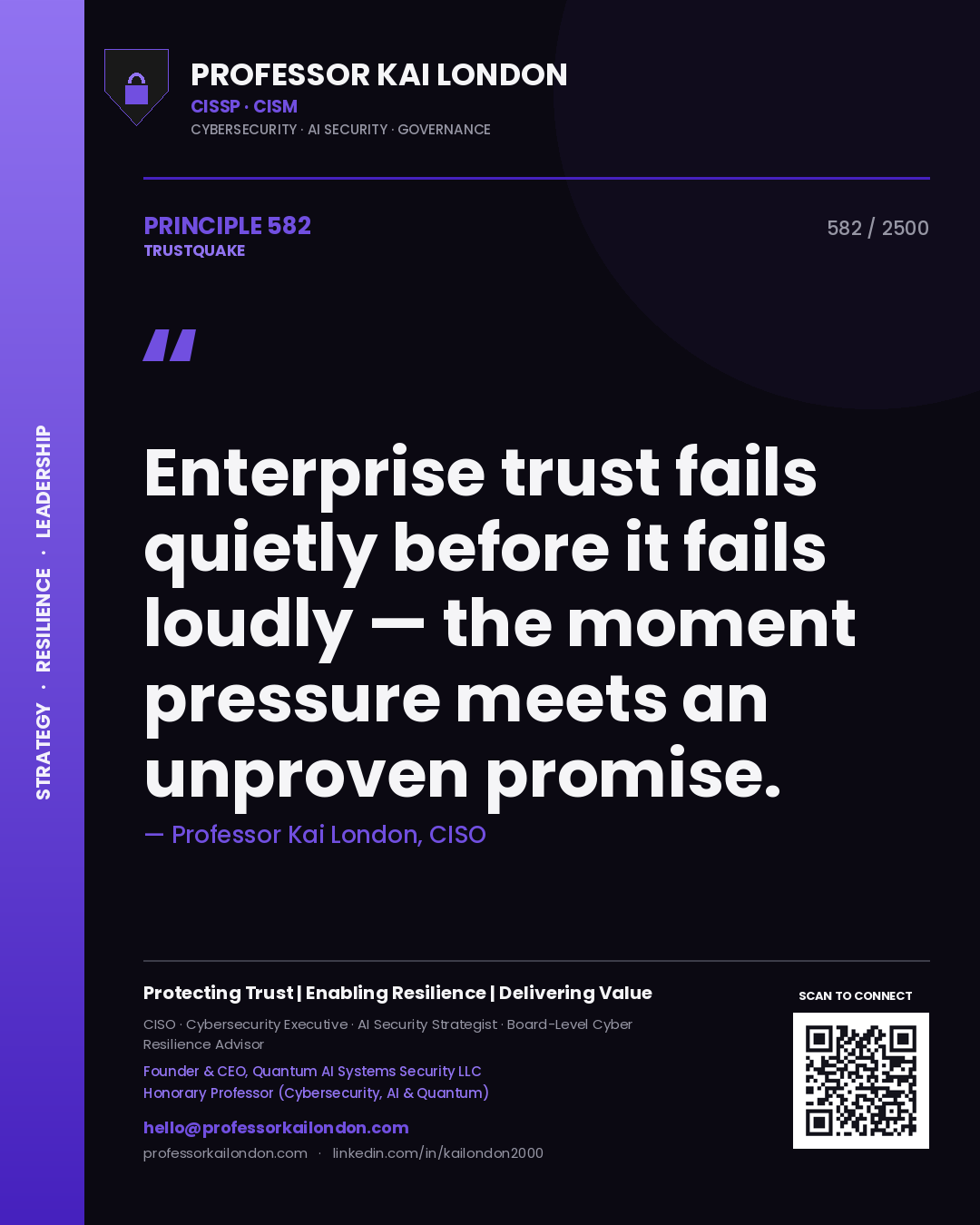Professor Kai London principle 582: Enterprise trust fails quietly before it fails loudly — the moment pressure meets an unproven promise.
