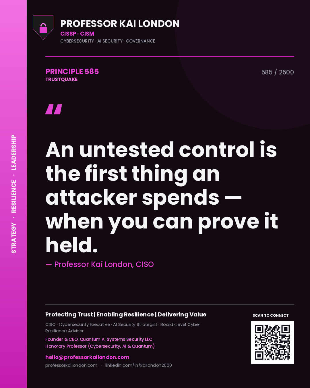 Professor Kai London principle 585: An untested control is the first thing an attacker spends — when you can prove it held.