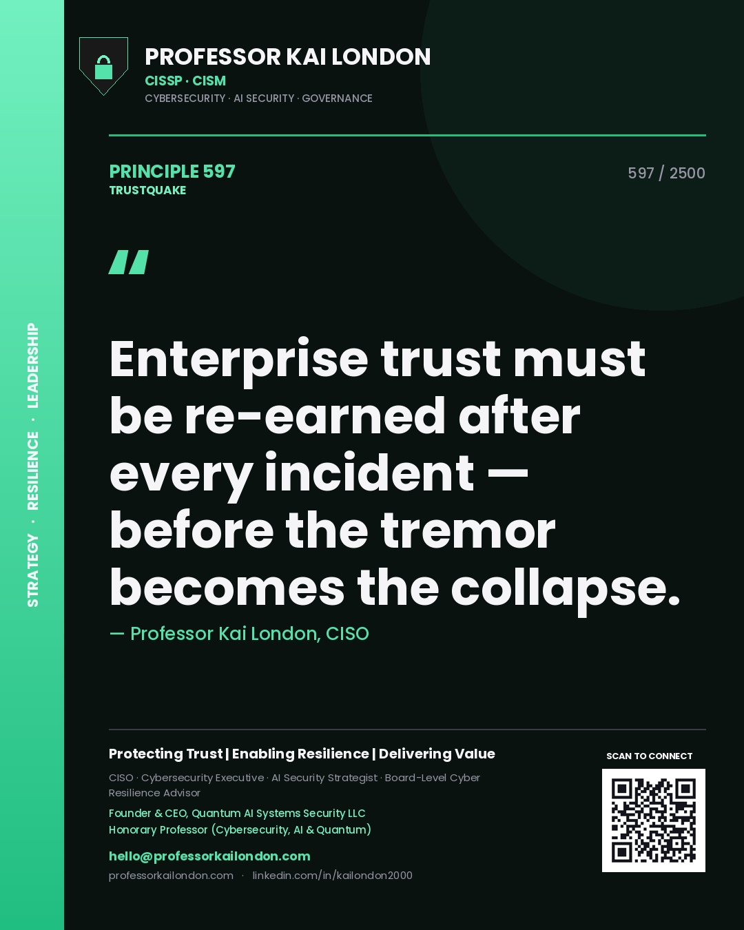 Professor Kai London principle 597: Enterprise trust must be re-earned after every incident — before the tremor becomes the collapse.