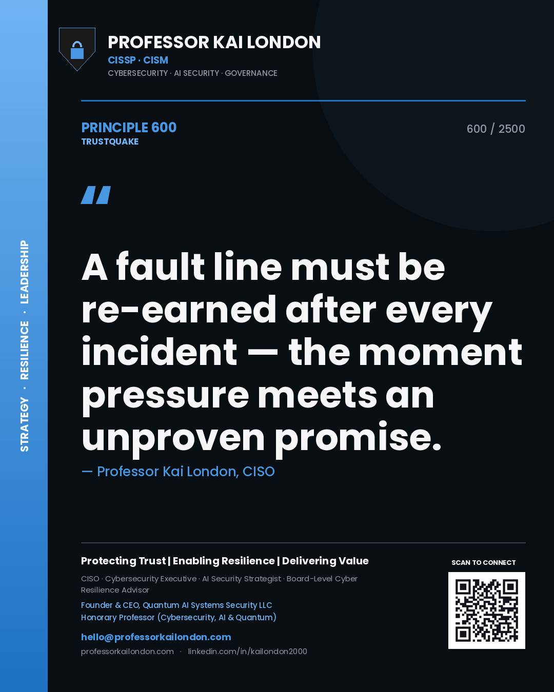 Professor Kai London principle 600: A fault line must be re-earned after every incident — the moment pressure meets an unproven promise.