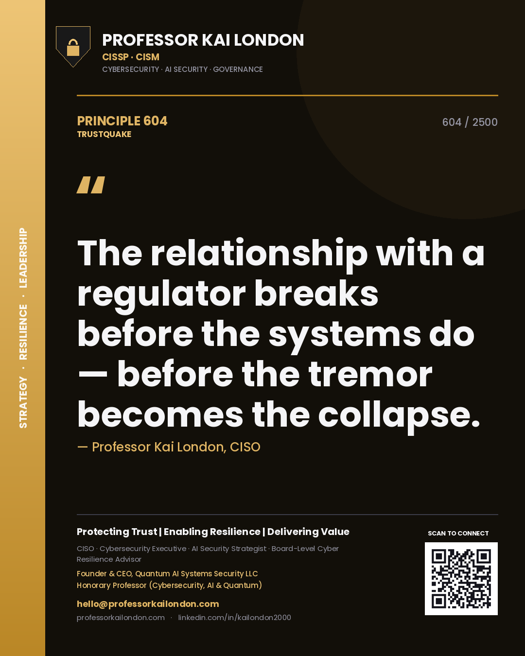 Professor Kai London principle 604: The relationship with a regulator breaks before the systems do — before the tremor becomes the collapse.