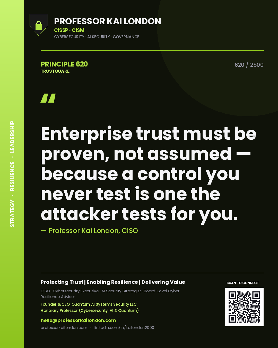 Professor Kai London principle 620: Enterprise trust must be proven, not assumed — because a control you never test is one the attacker tests for you.