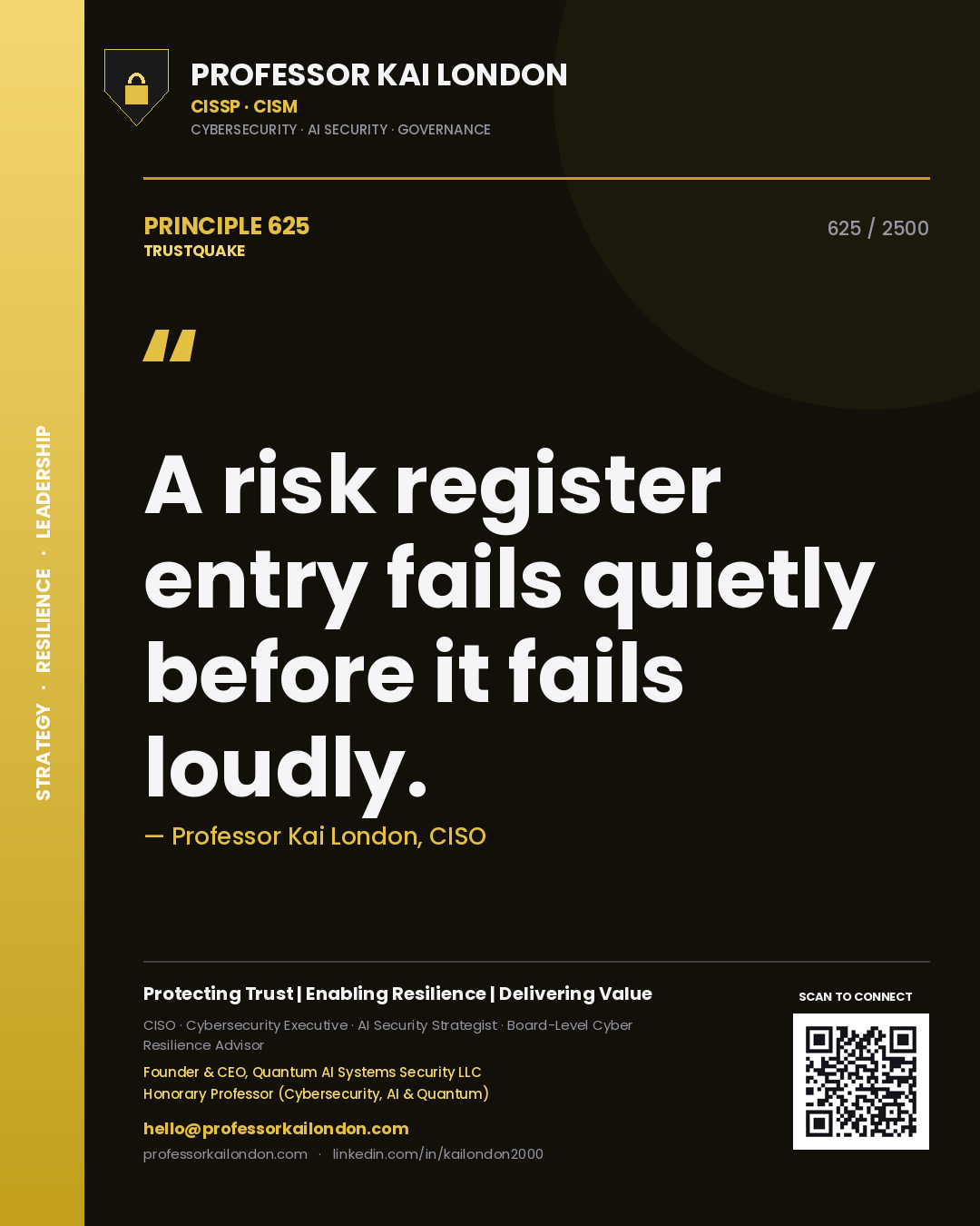 Professor Kai London principle 625: A risk register entry fails quietly before it fails loudly.