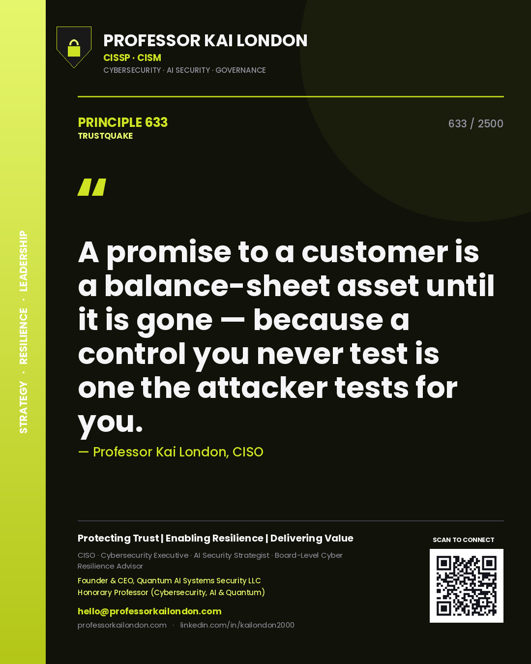 Professor Kai London principle 633: A promise to a customer is a balance-sheet asset until it is gone — because a control you never test is one the attacker tests for you.