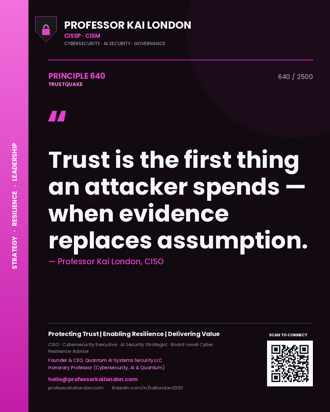 Professor Kai London principle 640: Trust is the first thing an attacker spends — when evidence replaces assumption.