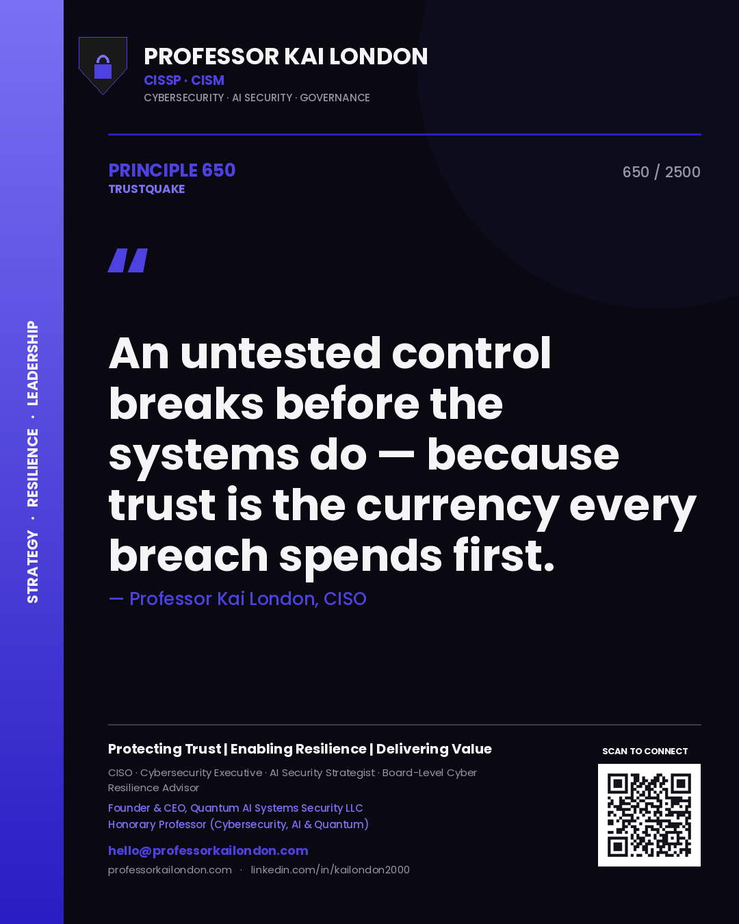 Professor Kai London principle 650: An untested control breaks before the systems do — because trust is the currency every breach spends first.
