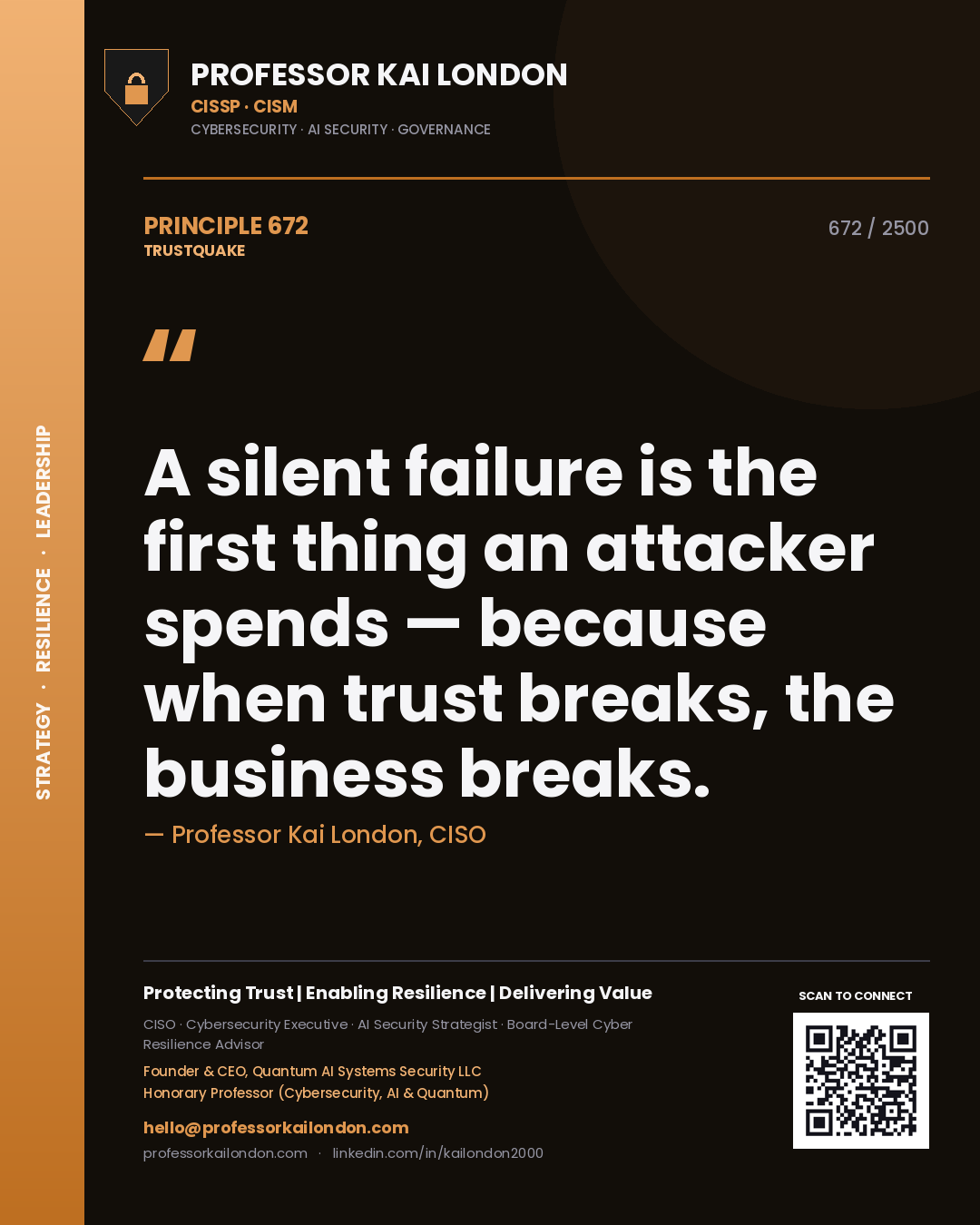 Professor Kai London principle 672: A silent failure is the first thing an attacker spends — because when trust breaks, the business breaks.