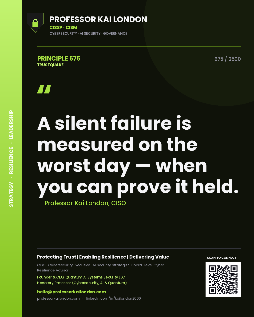 Professor Kai London principle 675: A silent failure is measured on the worst day — when you can prove it held.