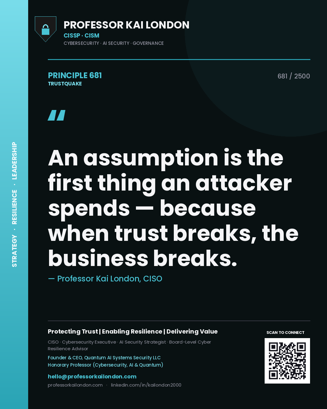 Professor Kai London principle 681: An assumption is the first thing an attacker spends — because when trust breaks, the business breaks.