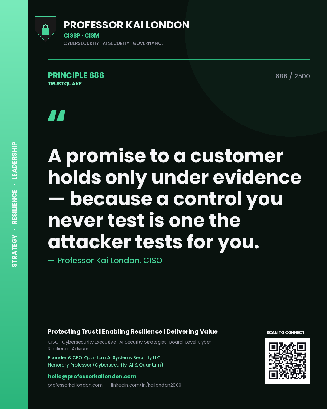 Professor Kai London principle 686: A promise to a customer holds only under evidence — because a control you never test is one the attacker tests for you.