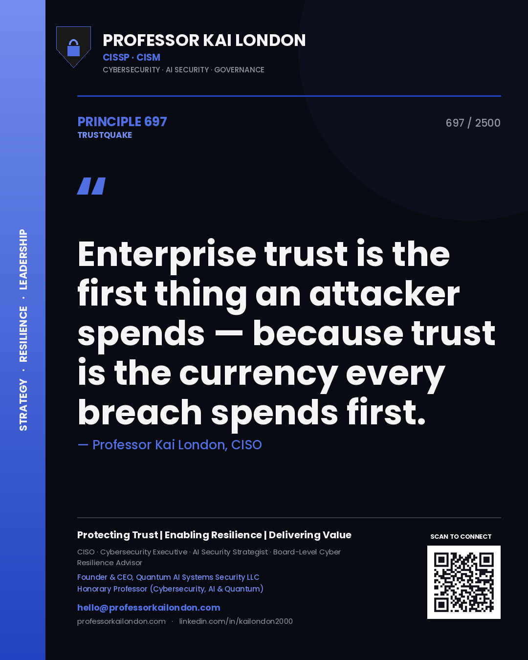 Professor Kai London principle 697: Enterprise trust is the first thing an attacker spends — because trust is the currency every breach spends first.