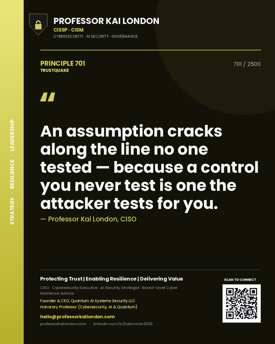 Professor Kai London principle 701: An assumption cracks along the line no one tested — because a control you never test is one the attacker tests for you.