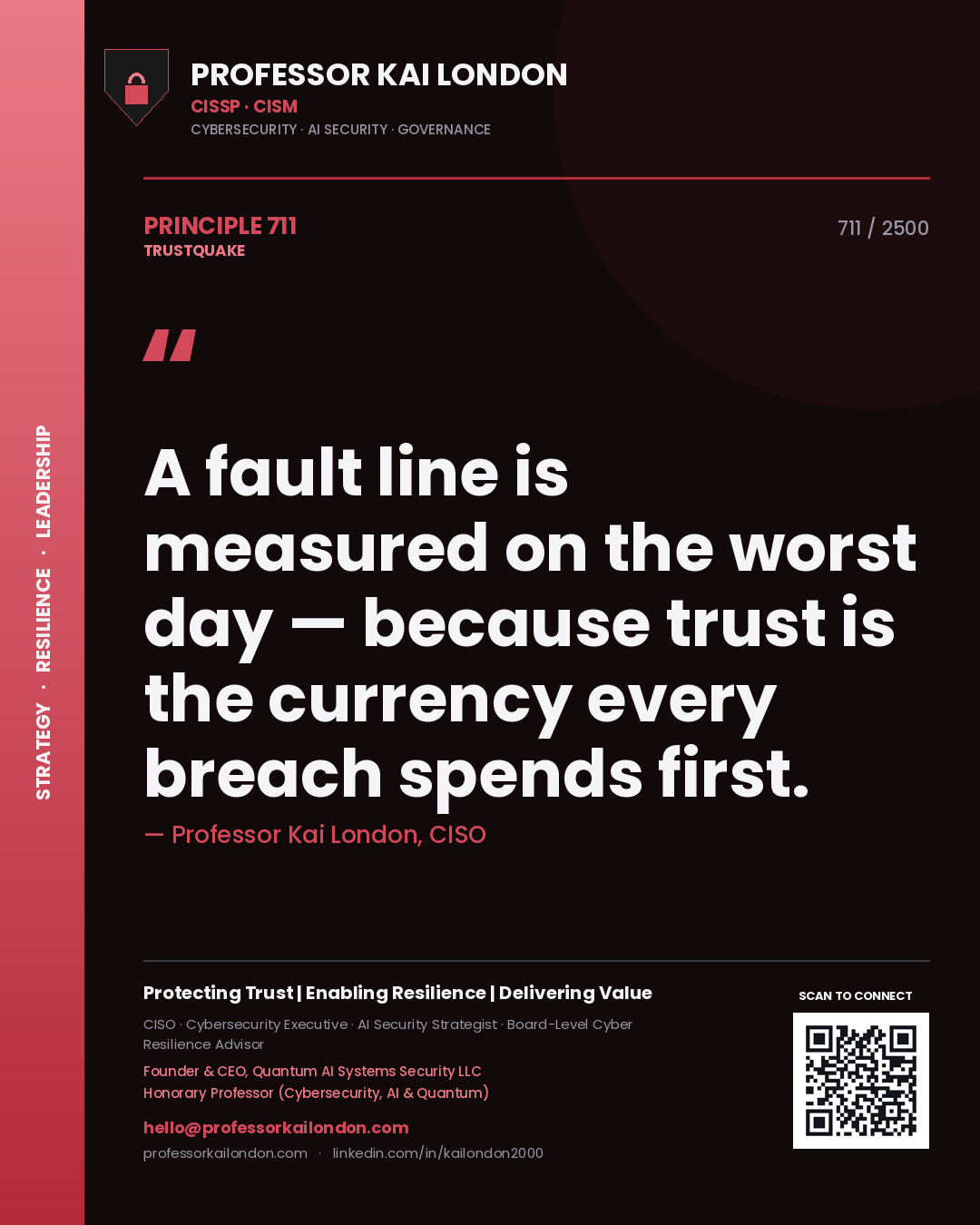 Professor Kai London principle 711: A fault line is measured on the worst day — because trust is the currency every breach spends first.