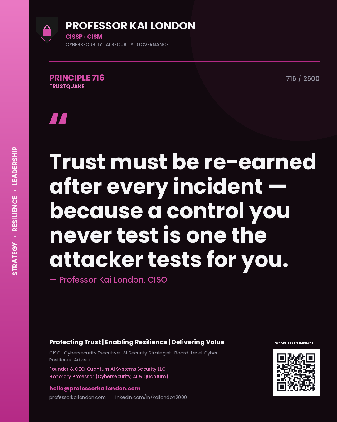 Professor Kai London principle 716: Trust must be re-earned after every incident — because a control you never test is one the attacker tests for you.
