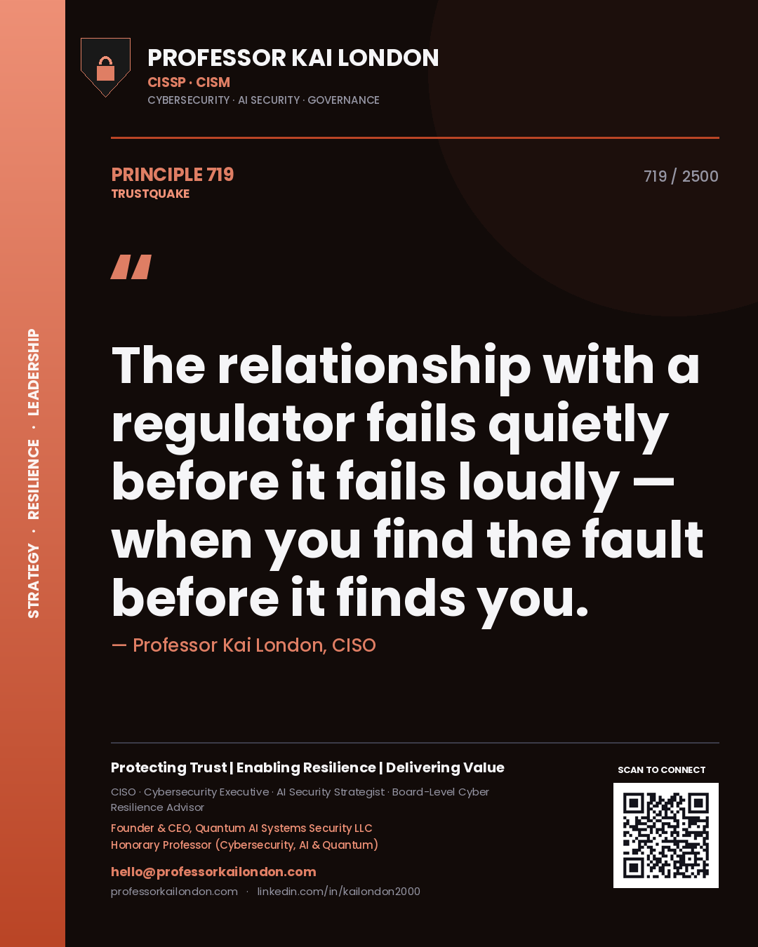 Professor Kai London principle 719: The relationship with a regulator fails quietly before it fails loudly — when you find the fault before it finds you.