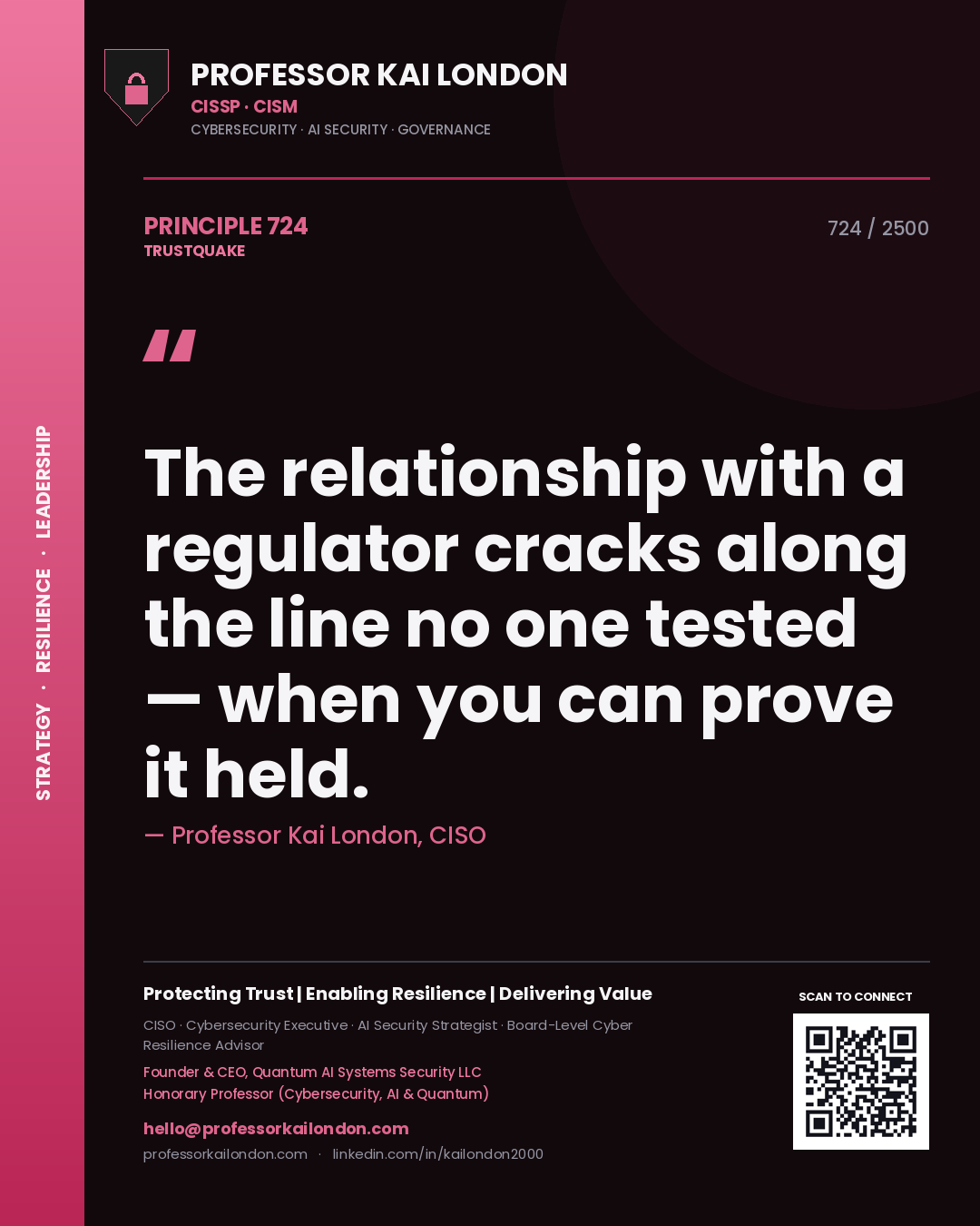 Professor Kai London principle 724: The relationship with a regulator cracks along the line no one tested — when you can prove it held.