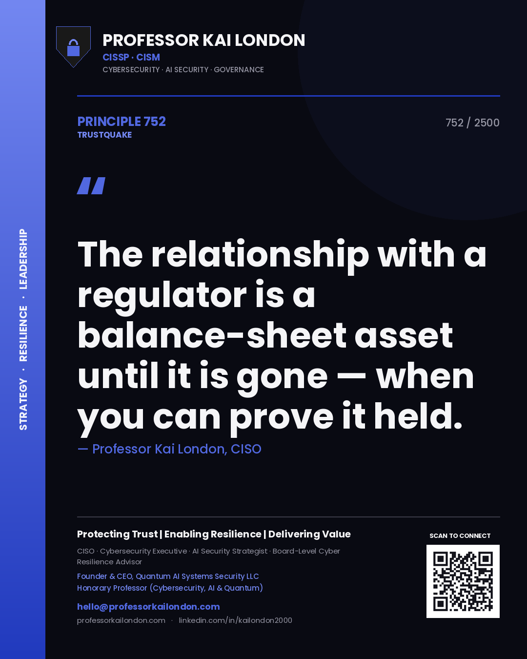 Professor Kai London principle 752: The relationship with a regulator is a balance-sheet asset until it is gone — when you can prove it held.