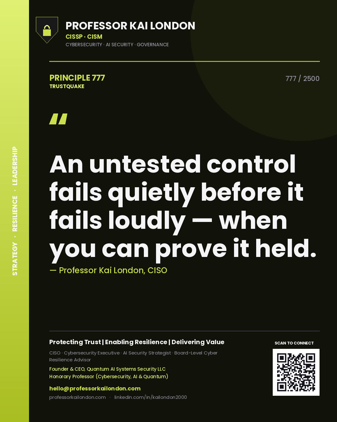 Professor Kai London principle 777: An untested control fails quietly before it fails loudly — when you can prove it held.