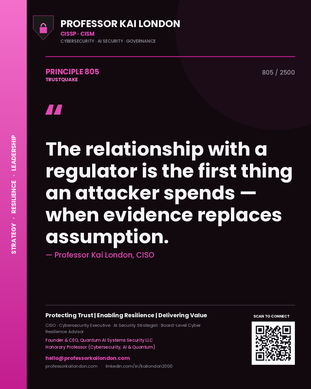 Professor Kai London principle 805: The relationship with a regulator is the first thing an attacker spends — when evidence replaces assumption.
