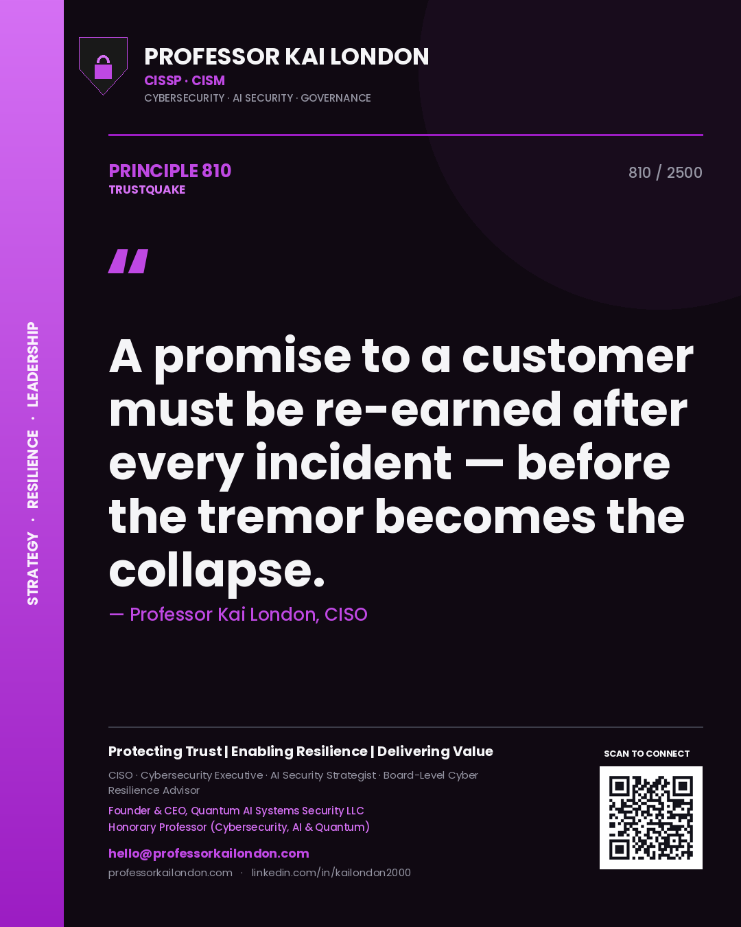 Professor Kai London principle 810: A promise to a customer must be re-earned after every incident — before the tremor becomes the collapse.
