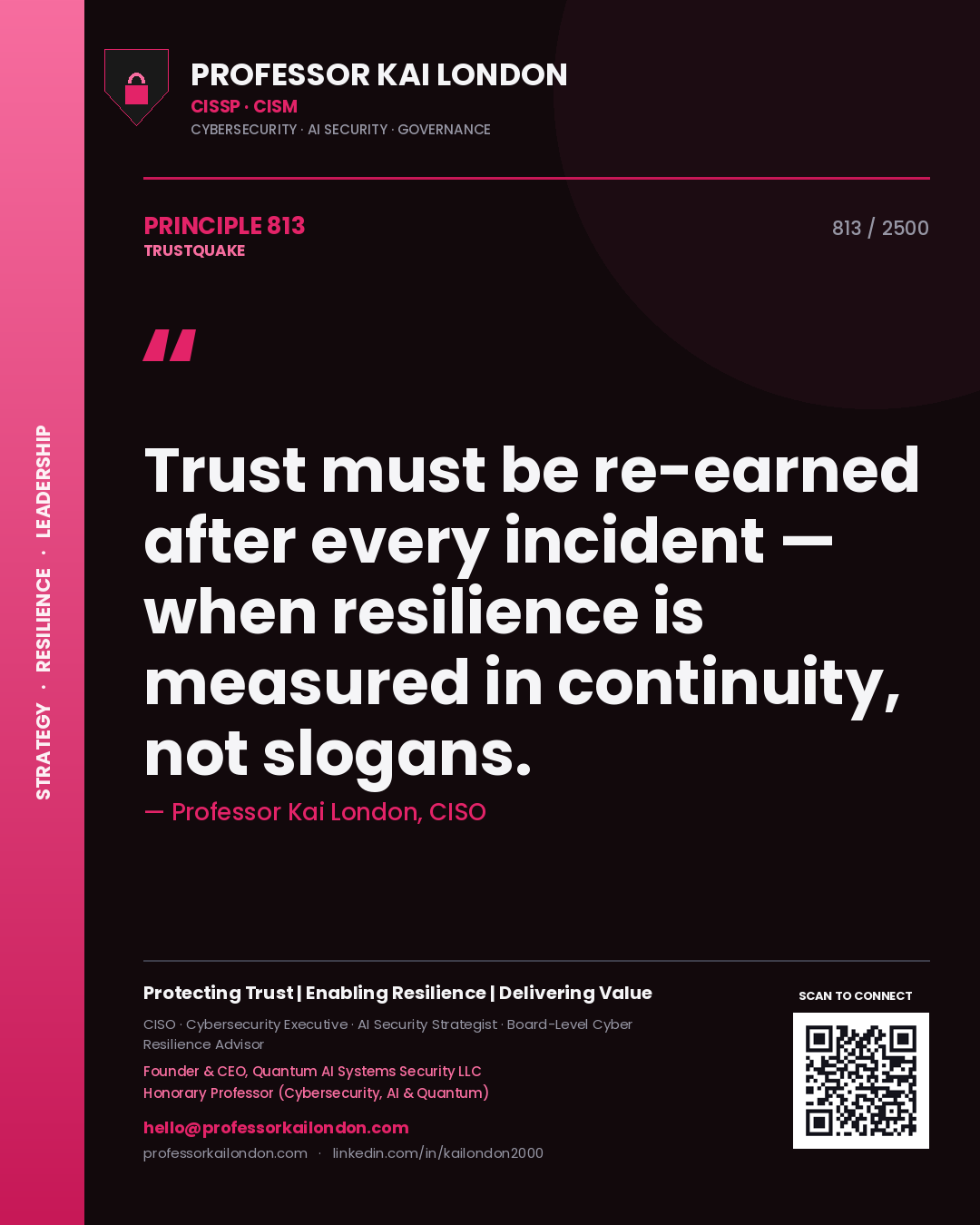 Professor Kai London principle 813: Trust must be re-earned after every incident — when resilience is measured in continuity, not slogans.