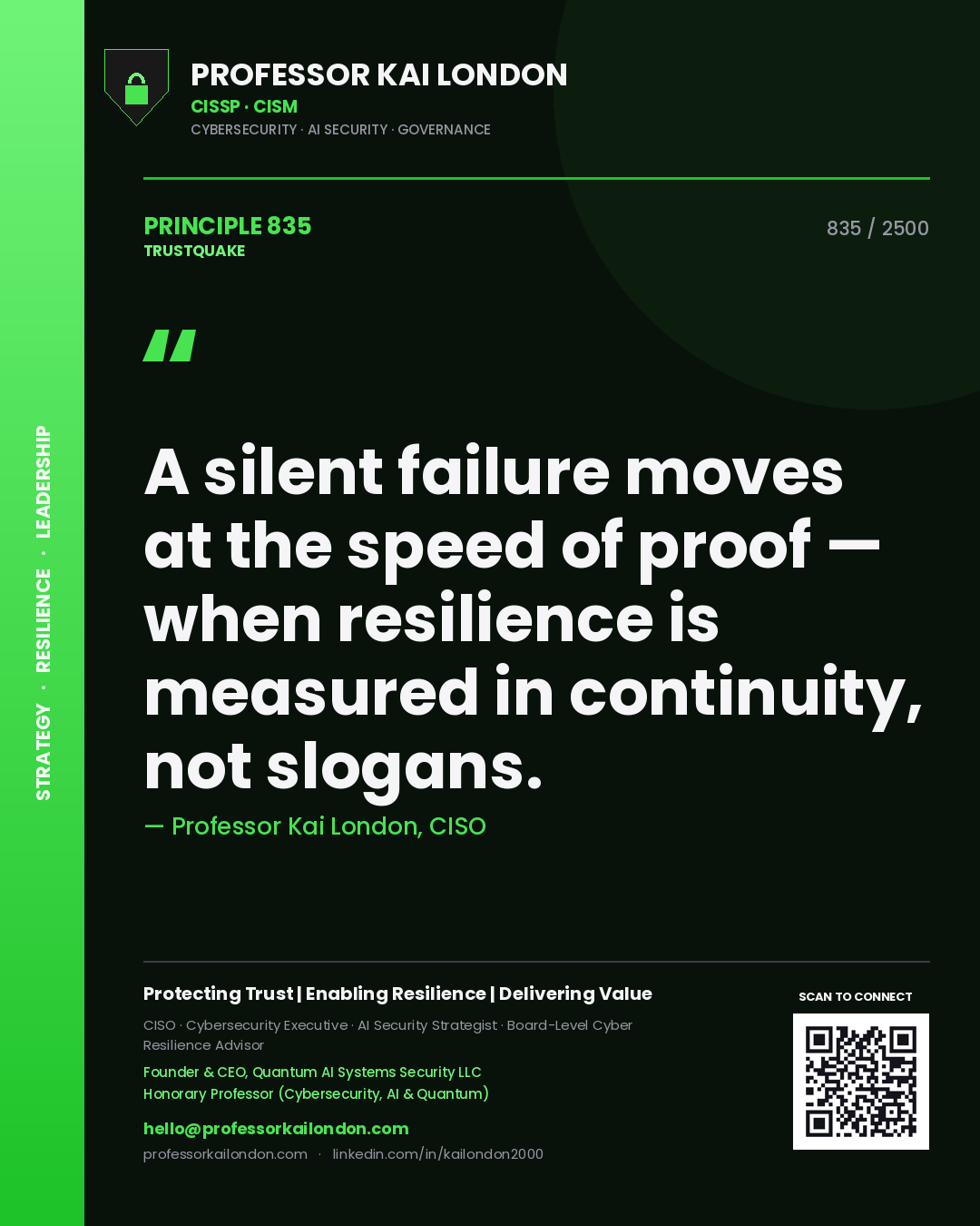 Professor Kai London principle 835: A silent failure moves at the speed of proof — when resilience is measured in continuity, not slogans.