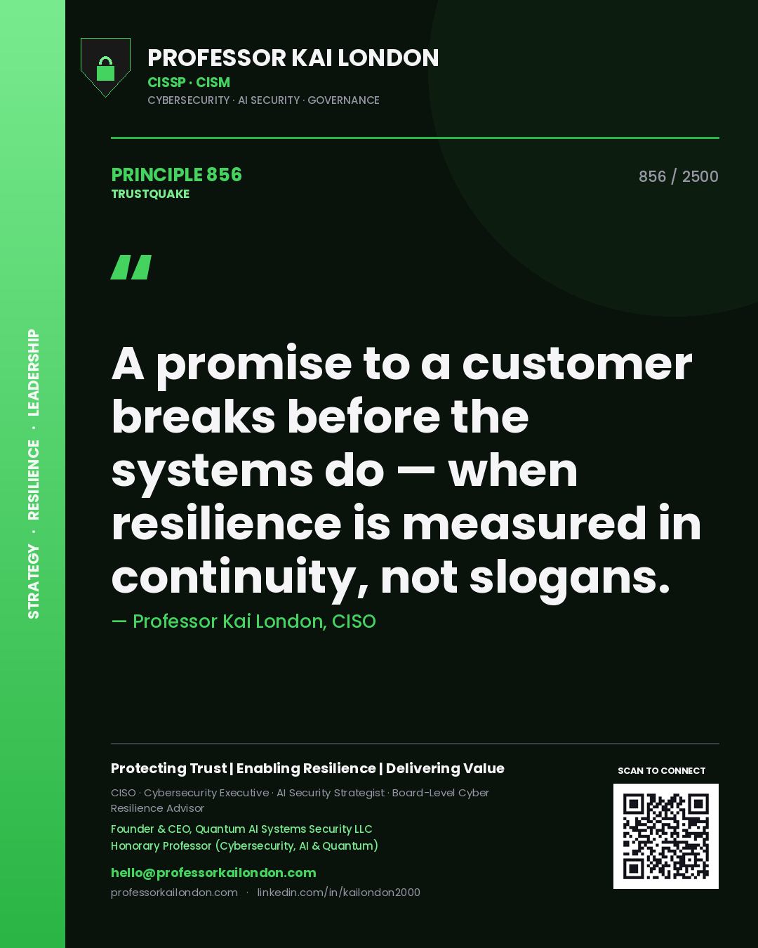 Professor Kai London principle 856: A promise to a customer breaks before the systems do — when resilience is measured in continuity, not slogans.