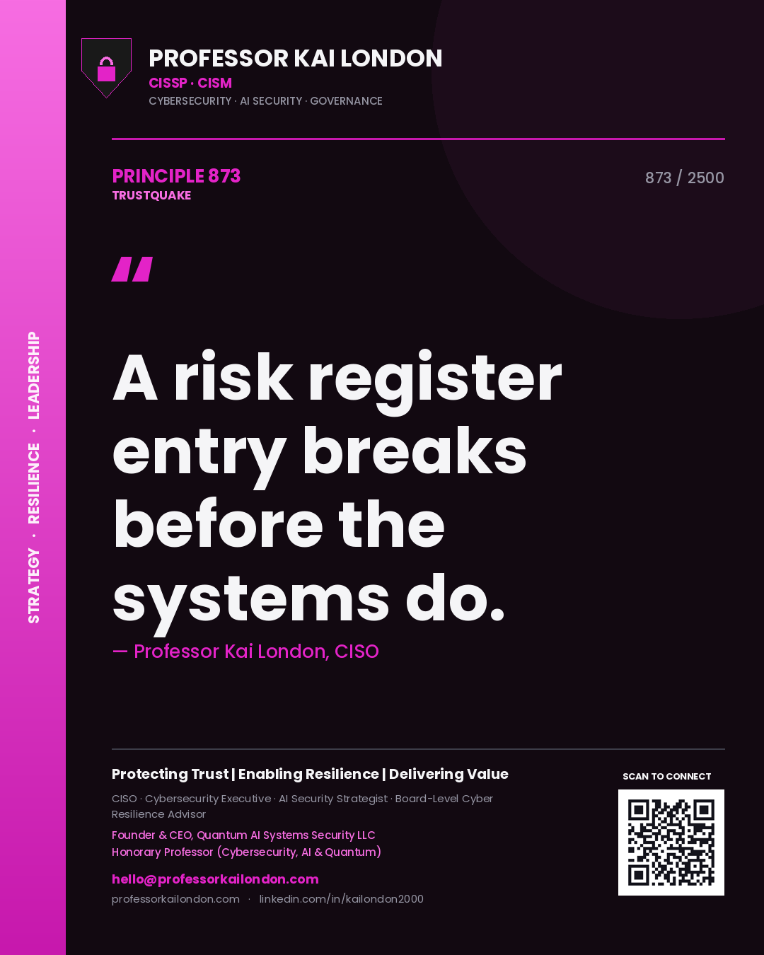 Professor Kai London principle 873: A risk register entry breaks before the systems do.