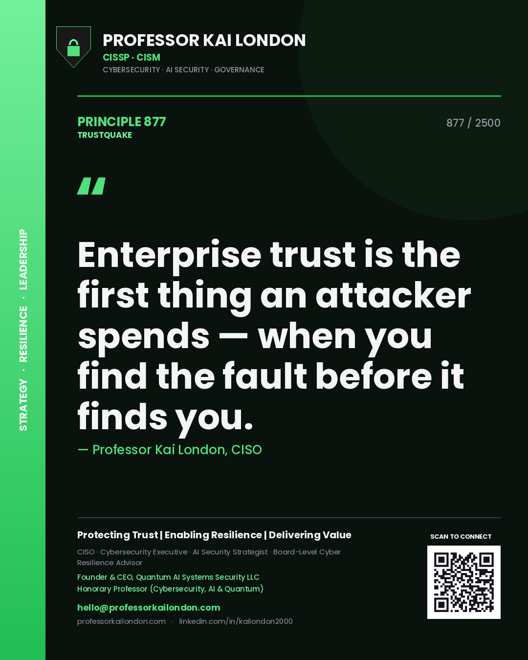 Professor Kai London principle 877: Enterprise trust is the first thing an attacker spends — when you find the fault before it finds you.