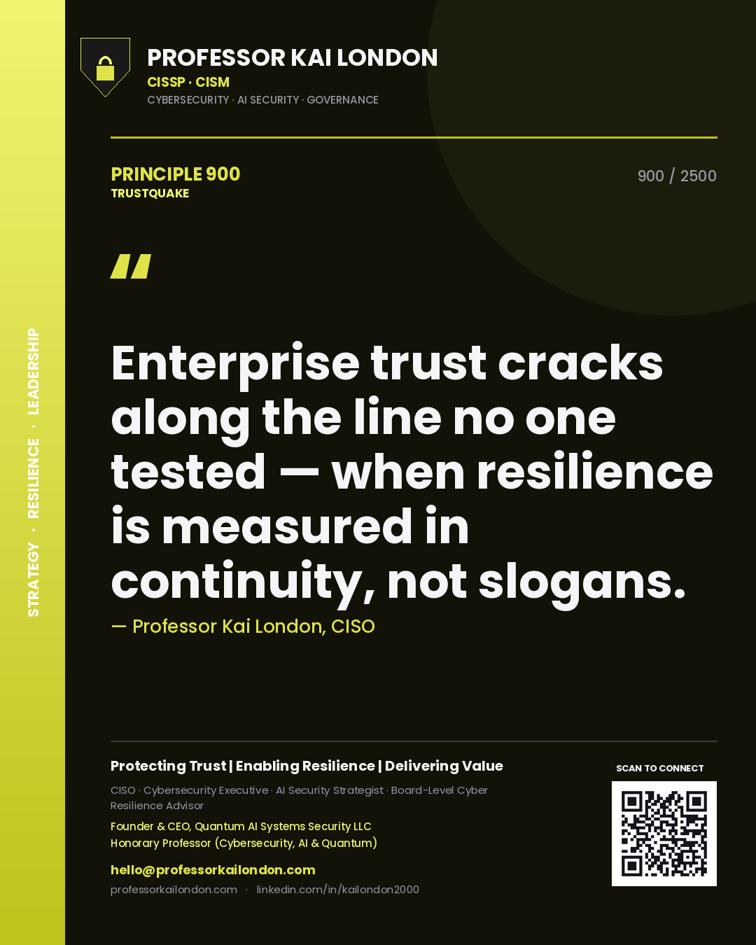 Professor Kai London principle 900: Enterprise trust cracks along the line no one tested — when resilience is measured in continuity, not slogans.