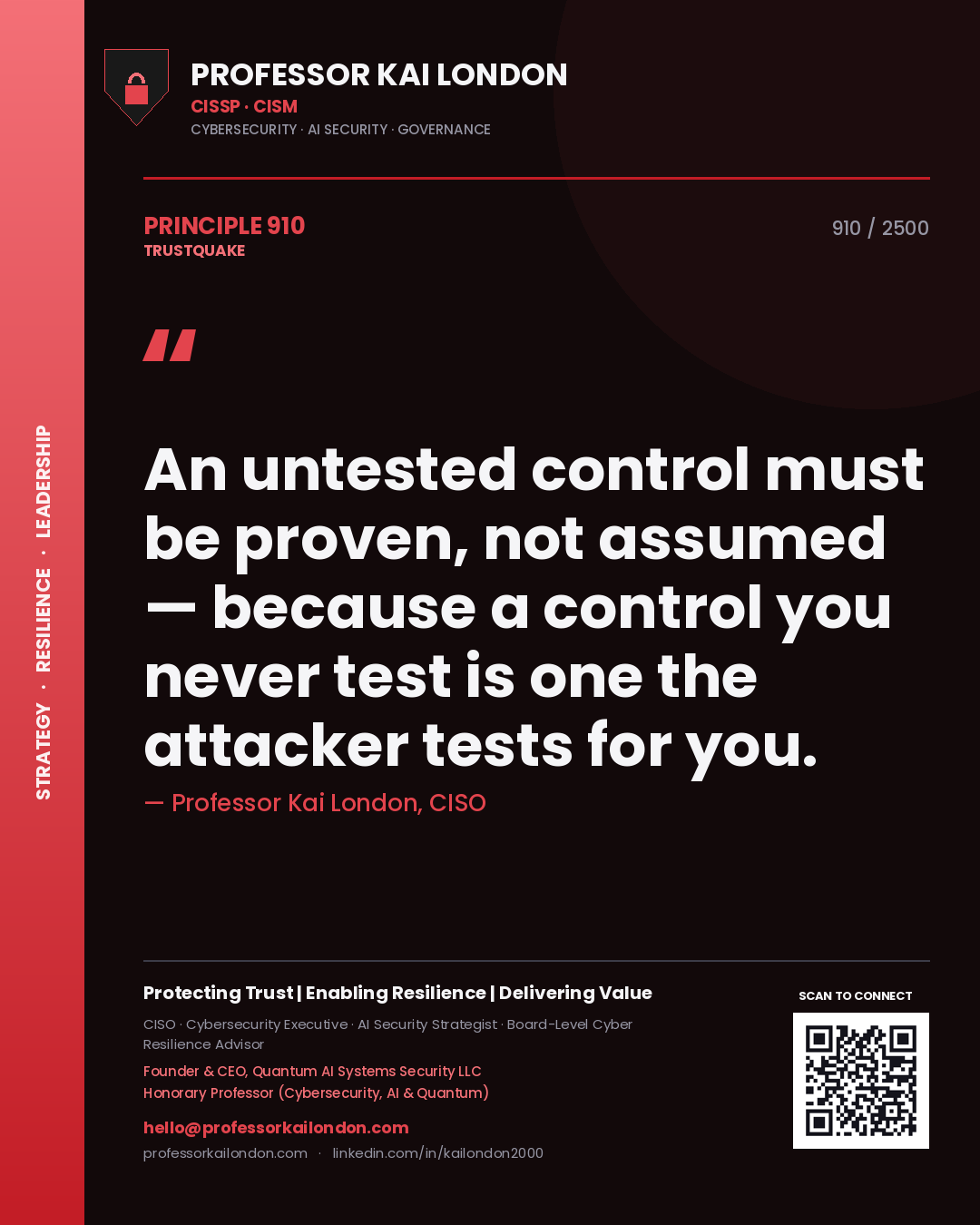 Professor Kai London principle 910: An untested control must be proven, not assumed — because a control you never test is one the attacker tests for you.
