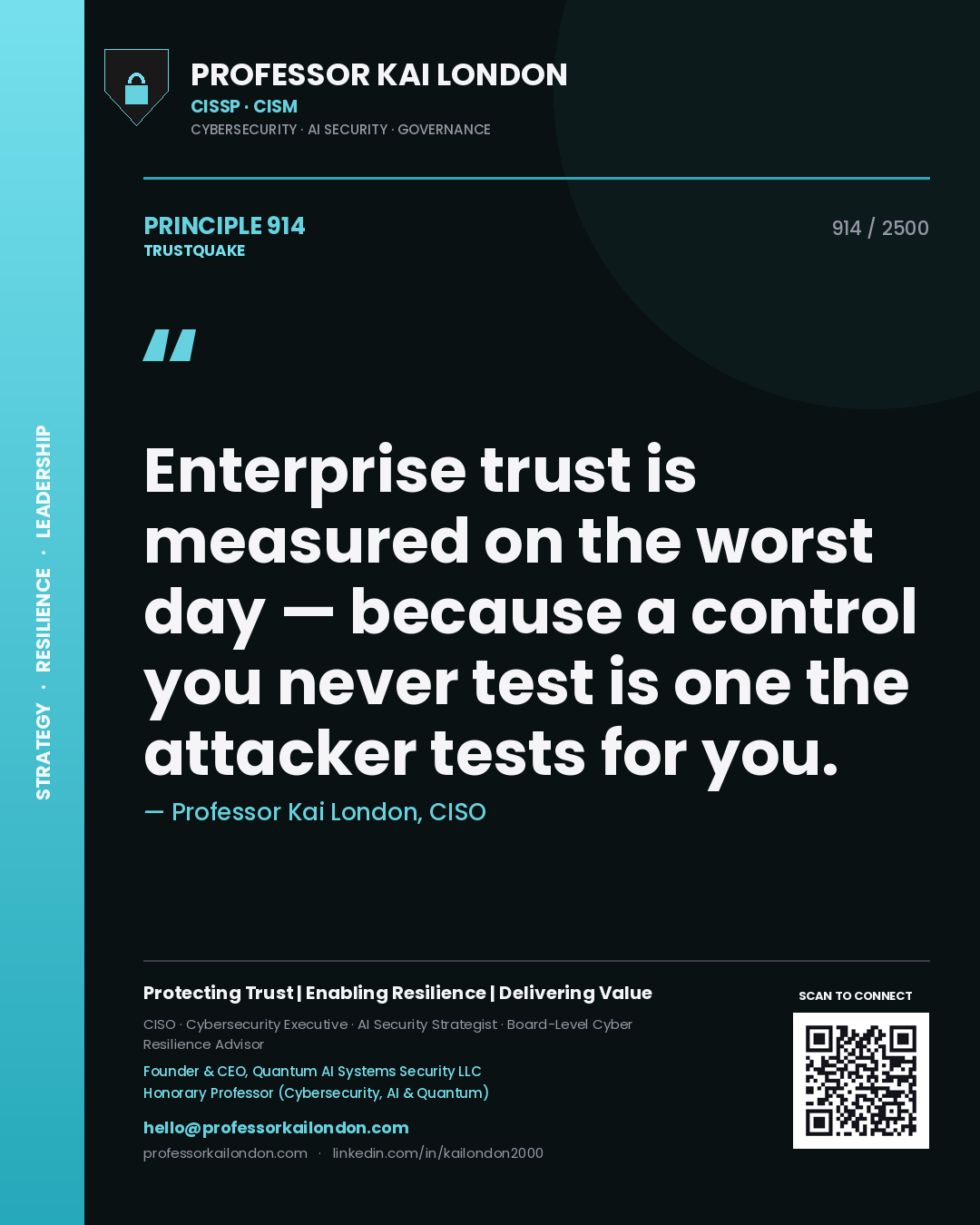 Professor Kai London principle 914: Enterprise trust is measured on the worst day — because a control you never test is one the attacker tests for you.