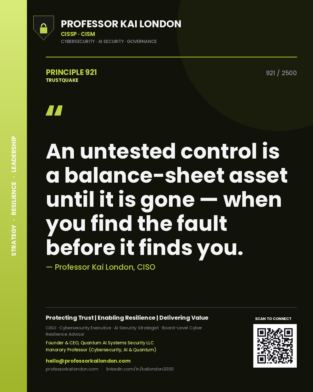 Professor Kai London principle 921: An untested control is a balance-sheet asset until it is gone — when you find the fault before it finds you.