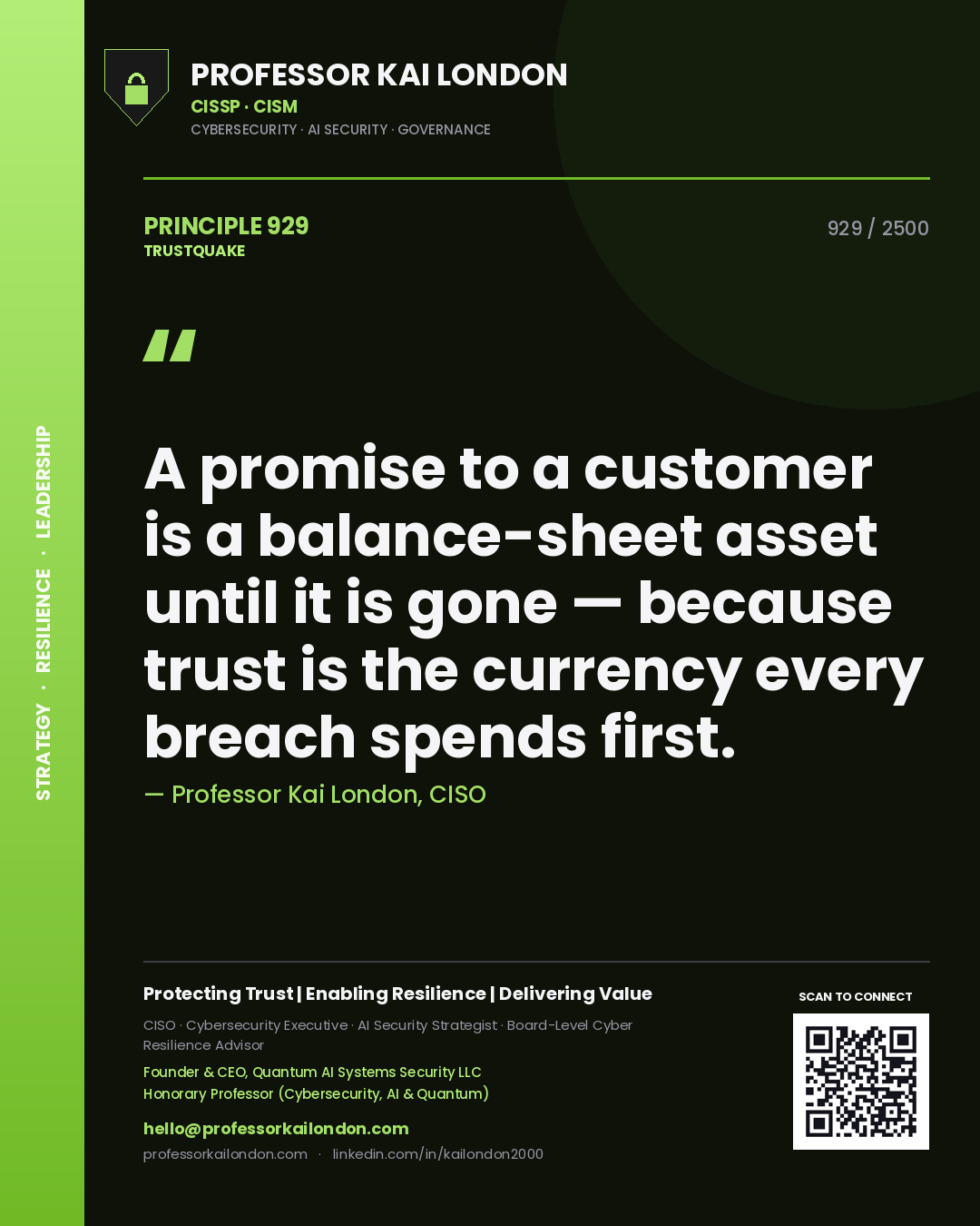 Professor Kai London principle 929: A promise to a customer is a balance-sheet asset until it is gone — because trust is the currency every breach spends first.