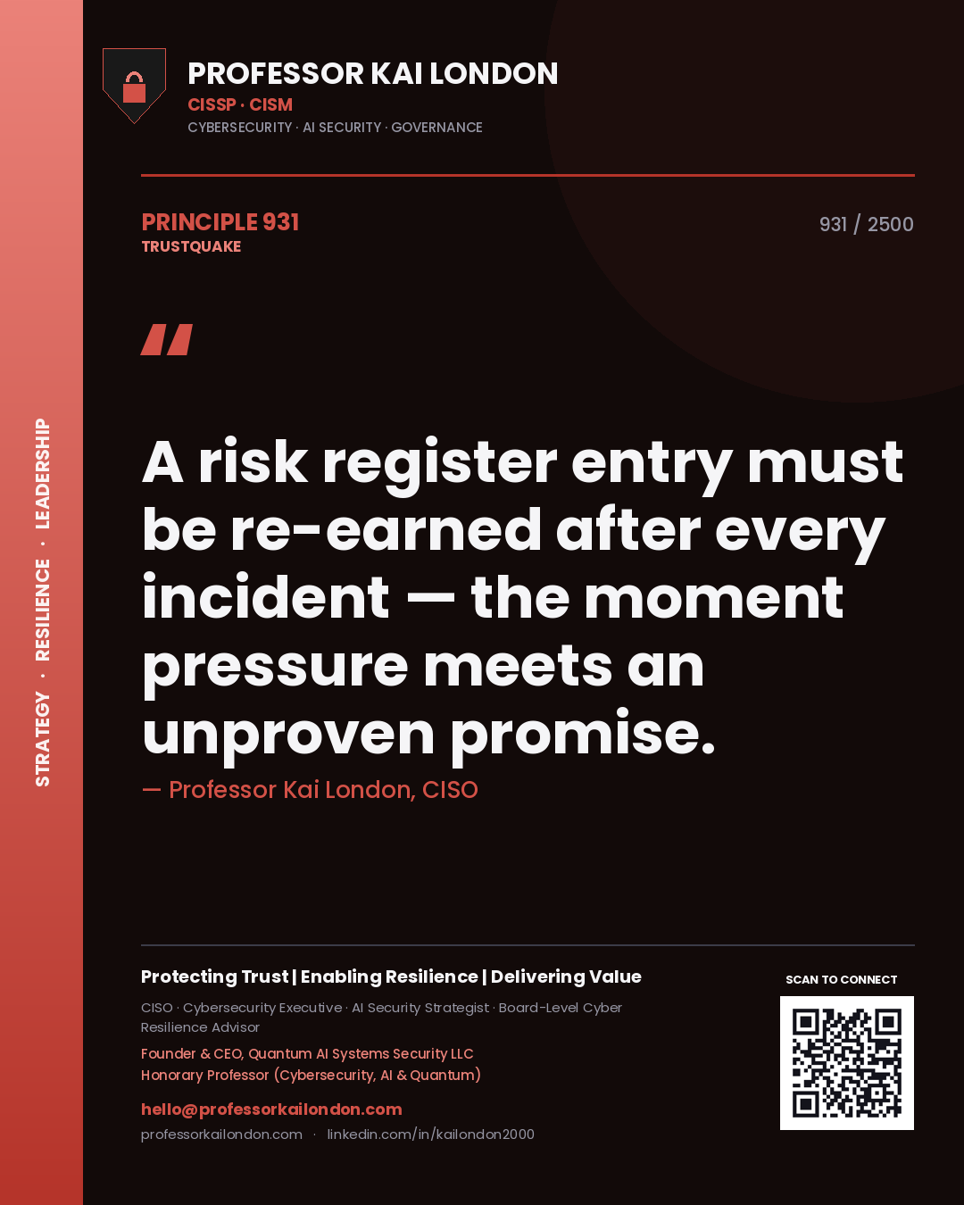 Professor Kai London principle 931: A risk register entry must be re-earned after every incident — the moment pressure meets an unproven promise.