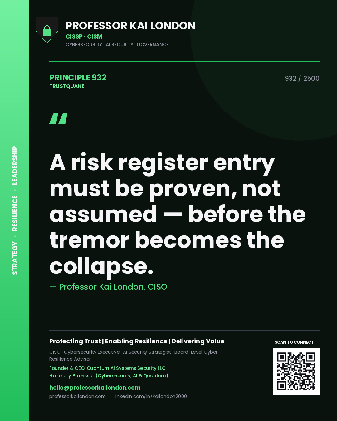 Professor Kai London principle 932: A risk register entry must be proven, not assumed — before the tremor becomes the collapse.